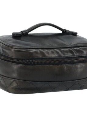 CHANEL Bicolore Vanity Hand Bag Leather Black CC Auth bs33805
